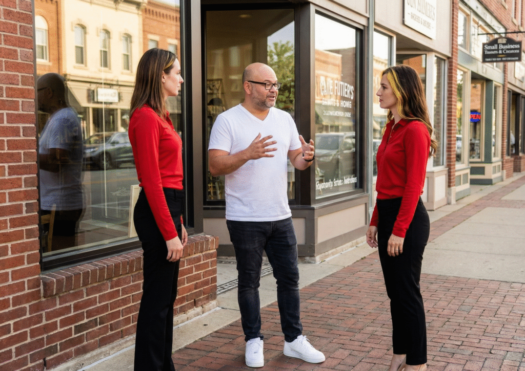 A bald man with glasses and a white t-shirt gestures as he speaks to two women wearing matching red long-sleeved collared shirts and black pants. They are standing on a brick sidewalk in front of several storefronts, including one with a sign that reads "Small Business Centers & Creations," on a sunny day.