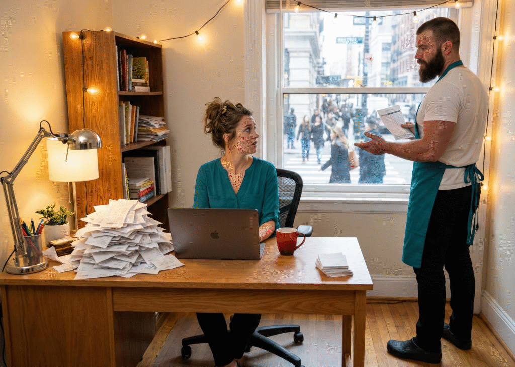 A stressed woman sits at a desk piled high with receipts and a laptop, looking up at a bearded man wearing an apron who is holding a document and gesturing. They are in a small office with a window overlooking a city street.